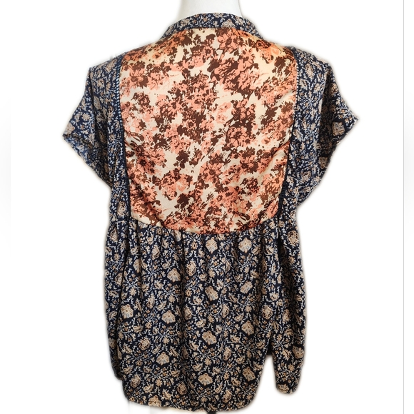 THML Cap Sleeve V-neck W/ Tie & Tassels, Navy Blue Pink Cream Floral, M - Picture 3 of 8